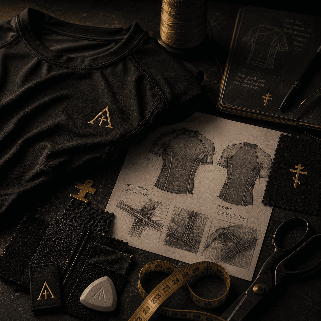 Axios performance apparel, material samples, and technical design sketches