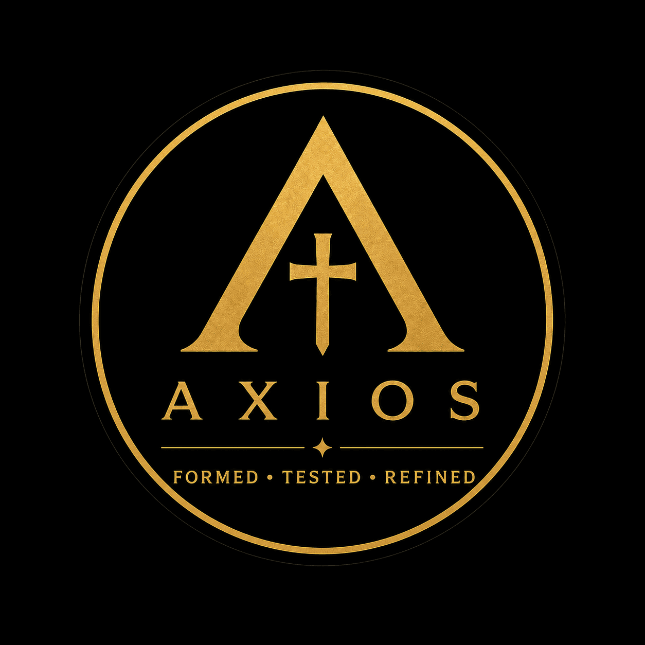 Concept rendering of a circular black Axios vinyl sticker with a Byzantine Gold monogram and the words Formed, Tested, Refined