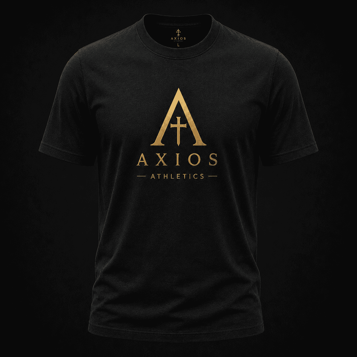 Black Foundations Tee with the Byzantine Gold Axios monogram and wordmark on the chest